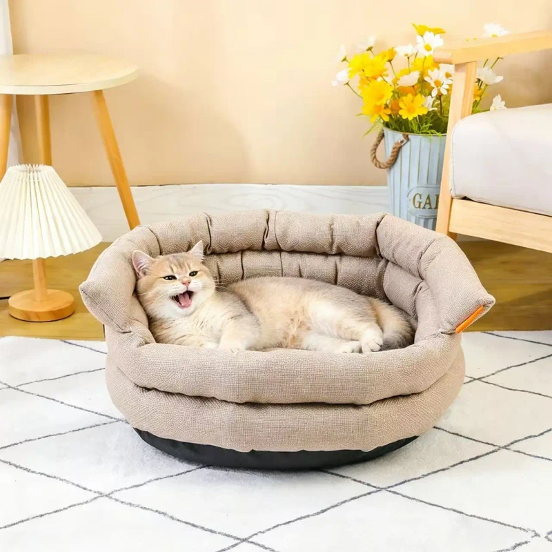Breathable Linen Pet Bed Round Dog Cat Bed with Raised Rim for Small Medium Dogs pet beds accessories