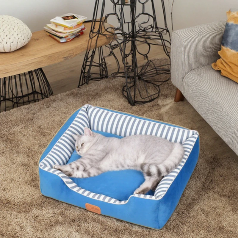 Breathable Square Cat Bed for Summer XL Cooling Mesh Pet Bed Washable Velvet Linen Soft Mattress for Indoor Cats