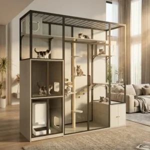 Breathable Tempered Glass Solid Wood Eco friendly Cat Villa Cabinet Large Luxury Indoor Living Cat Cage Pet Store Furniture
