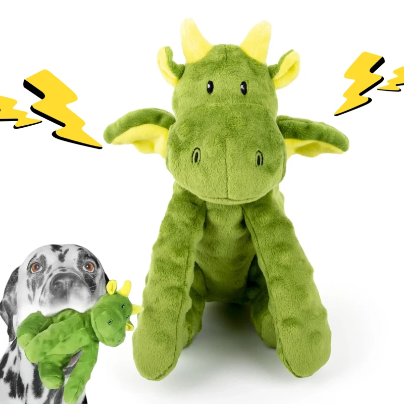 Bubble Tough Chew Guard Durable Dog Toys Green Dragon Crinkle Soft Plush Squeaky Dog Toy for Large Dogs