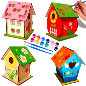 Build and Paint Unfinished Wooden Birdhouses Wood Bird House DIY Arts and Crafts Supplies Kids Includes Paints Brushes