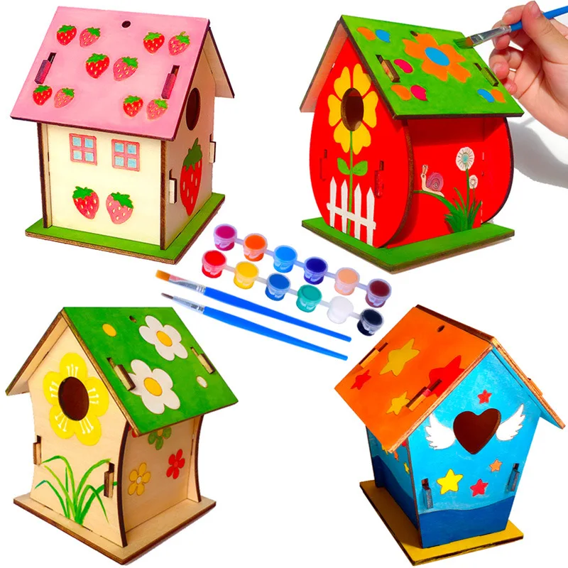 Build and Paint Unfinished Wooden Birdhouses Wood Bird House DIY Arts and Crafts Supplies Kids Includes Paints Brushes
