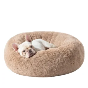 Calming Donut Pet Bed Washable Fluffy Plush Faux Fur Anti Slip 30 Inch Medium Dog Bed for Pets up to 45 Lbs Camel Winter