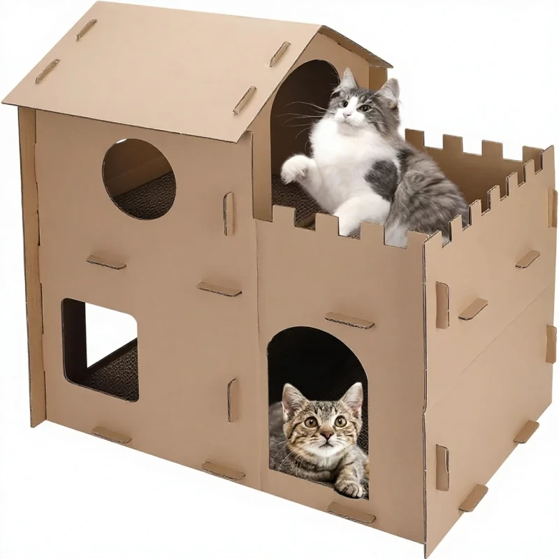 Cardboard Assembled Cat House Indoor Cats Multi Level Scratcher Condo Corrugated Scratch Pads Hideout Bed Rabbits Small Pets
