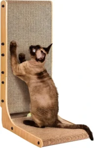 Cardboard Wood Large Cat Scratcher Indoor Cats 26.8 Inch L Shaped Vertical Cat Scratching Board with Ball Toy Pad