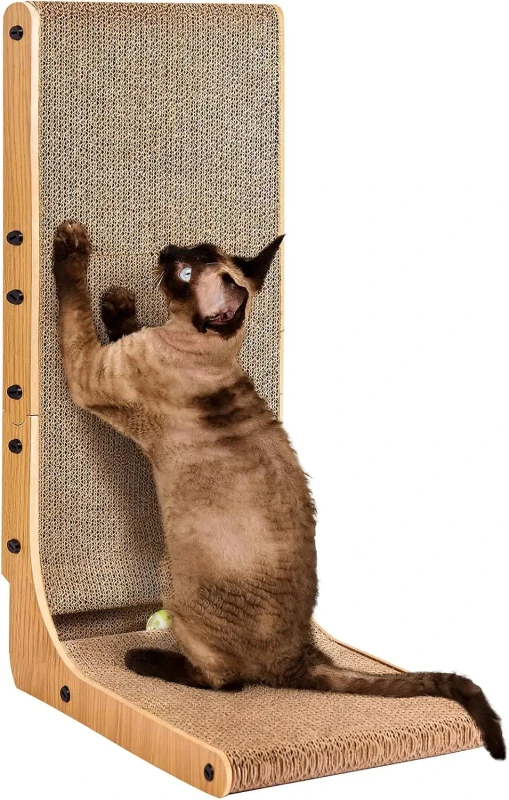 Cardboard Wood Large Cat Scratcher Indoor Cats 26.8 Inch L Shaped Vertical Cat Scratching Board with Ball Toy Pad
