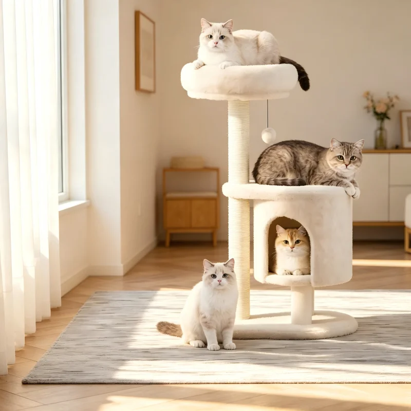 Carton 2 Level Cat Tree Tower Raised Condo Nest Perch Sisal Scratching Post Modern Cream White Aesthetic for Indoor