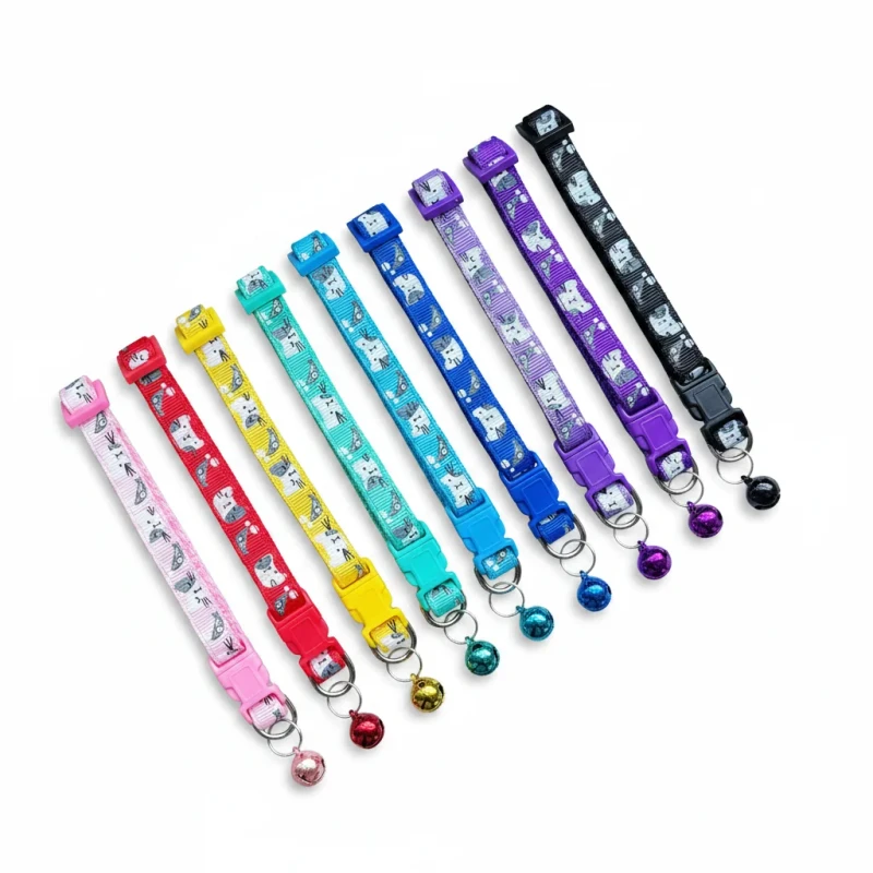 Cartoon Nylon Pet Collar Printed Pattern with Bell Hook and Loop Closure for Medium Size Cats