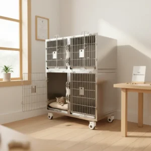Cat Cage 4 Doors Stainless Steel Silent Sliding Lock Acrylic Divider Two Floors Anti Vibration Quiet Wheels for Pet Shop