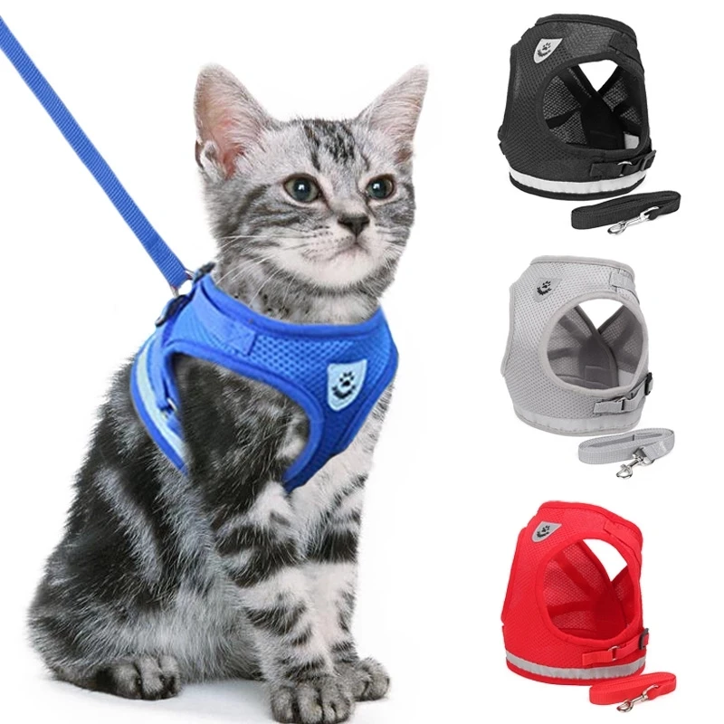 Cat Dog Adjustable Harness Vest Walking Lead Leash for Puppy Dogs Collar Polyester Mesh Harness