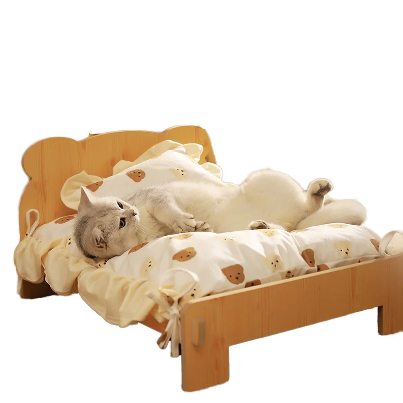 Cat & Dog Kennel Eco friendly 100% Cotton Fill Removable Washable Solid Wood Four Seasons Pet Bed