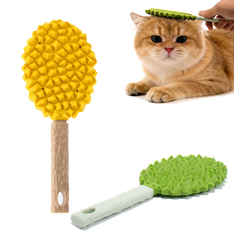 Cat & Dog Massage Grooming Comb Durable TPR Rubber Green/Yellow Cute Durian Style for Pets and Small Animals Hair Brushing