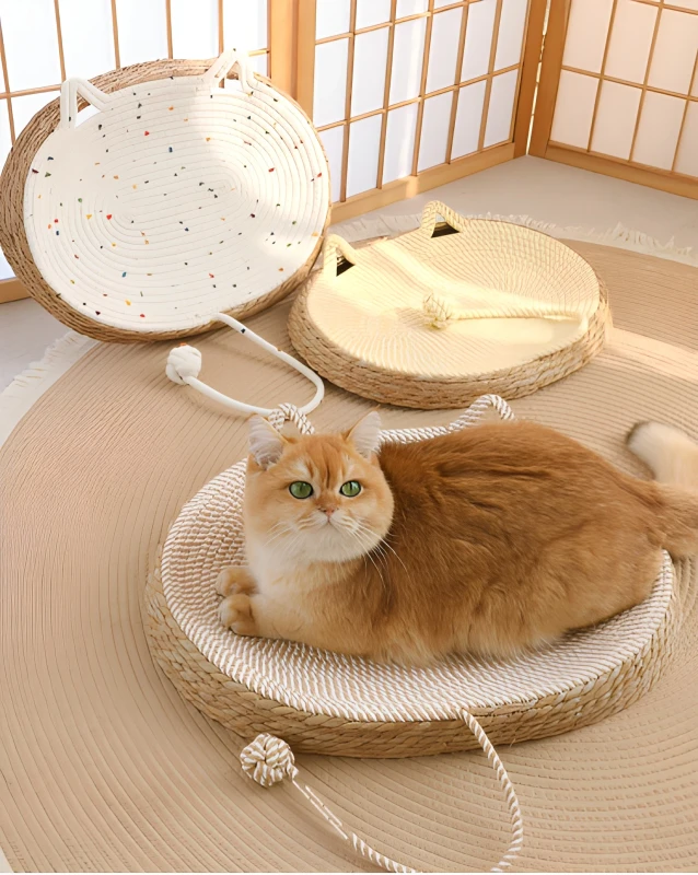 Cat Ear Woven Pet Bed with Interactive Toy Ball Breathable Cotton Rope Cat Nest Custom Size and Color