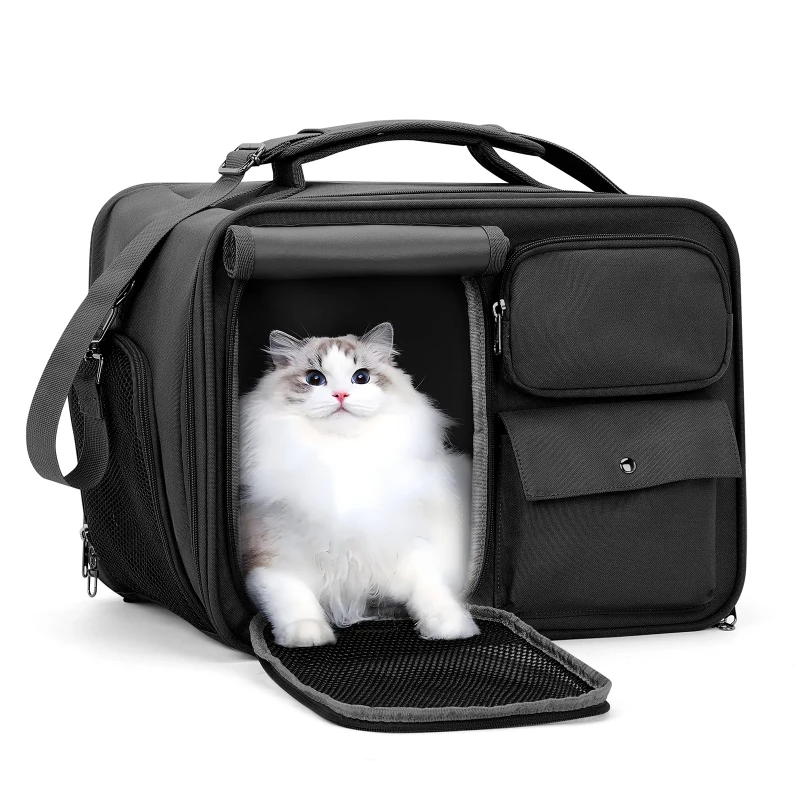 Cat & Puppy Carrier Small/Medium (Up 15lbs) TSA Approved Soft Sided Collapsible Waterproof Anti-Theft Breathable Travel Black