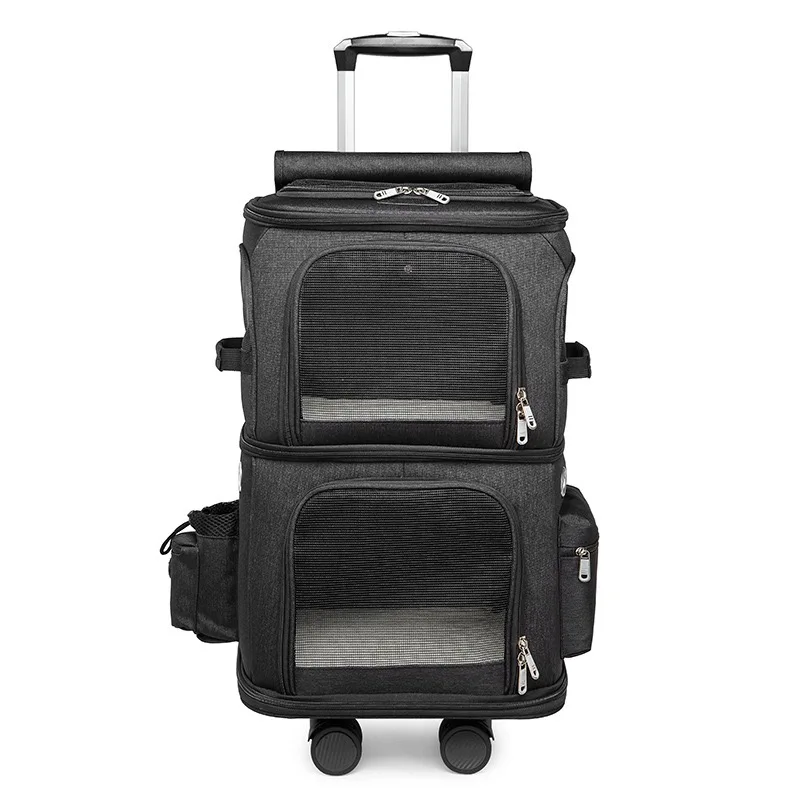 Cat Stroller with Carrier on Wheels Two Pets Separate Bags Double Layers Backpack Portable Large Capacity Puppy Trolley
