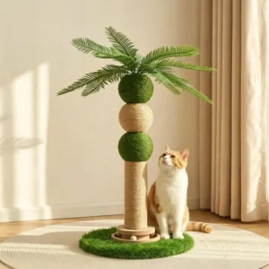 Cat Tree Coconut Tree Design Cat Climbing Frame with Sisal Scratcher Ball Stable Anti Tip Cat Tree with Interactive Ball