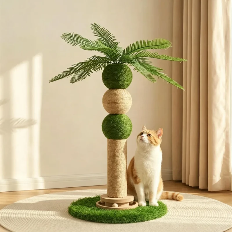Cat Tree Coconut Tree Design Cat Climbing Frame with Sisal Scratcher Ball Stable Anti Tip Cat Tree with Interactive Ball