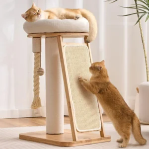 Cat Tree Tower 2 Levels Large Scratching Ramp Sisal Hanging Rope Natural Solid Wood Aesthetic Eco Friendly Carton for