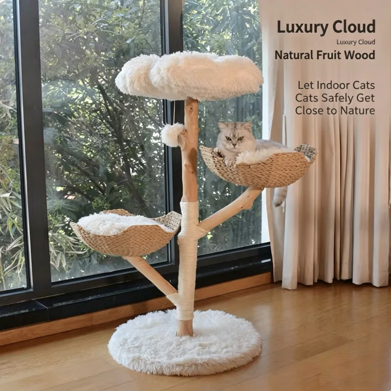Cat Tree Tower Soft Plush Mat Top Hanging Ball Toy Rattan Nest Sisal Scratching Pole Pet Play Furniture Cat Trees & Scratcher