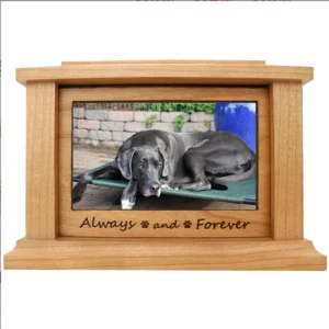 Cherry Wood Pet Cremation Urn with Photo Frame Custom Engraved OEM ODM 3 Sizes Dog Cat Ashes Memorial Keepsake Bulk