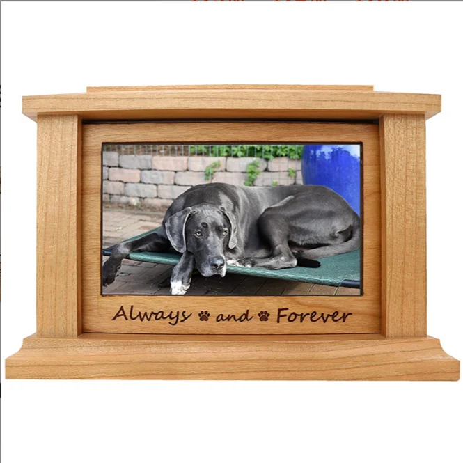 Cherry Wood Pet Cremation Urn with Photo Frame Custom Engraved OEM ODM 3 Sizes Dog Cat Ashes Memorial Keepsake Bulk