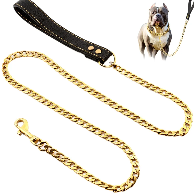 Chew Proof Chrome Stainless Steel Dog Chain Lead Metal Springs Dog Leash PU Handle Anti Biting Pet Leash Dog Tie Out Metal Chain