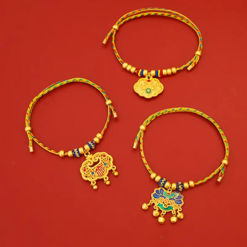 Chinese Style Lucky Pet Lock Collar Long Life Braided Rope Alloy Polyester Gold Necklace Ornament for Cat Dog
