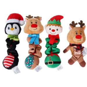 Christmas Dog Squeaky Plush Toy Reindeer Elf Penguin Stretchy Pet Chew Toy Interactive Tug Christmas Gift for Small Medium Dogs