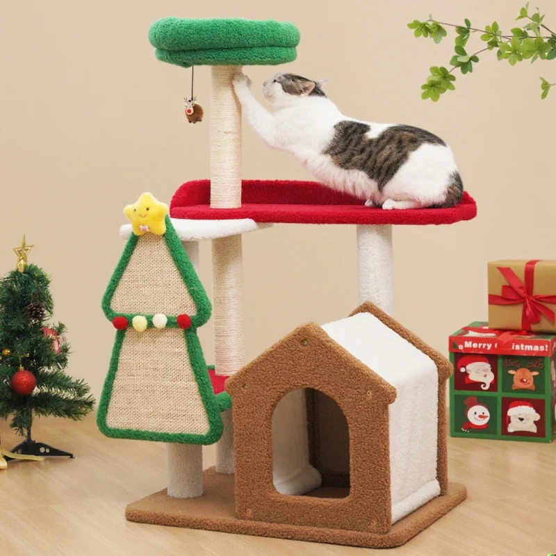 Christmas Series Cat Tree Integrated Sisal Scratching Post with Jumping Platform Wear Resistant No Shedding Cat Scratcher