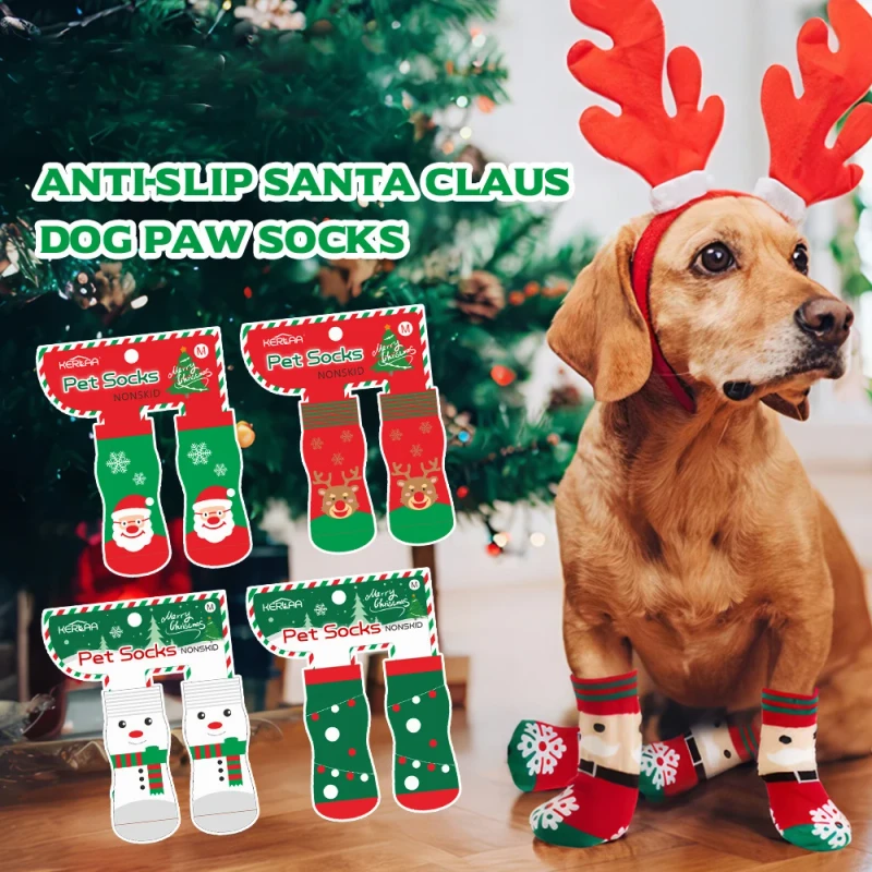Christmas Style Anti Slip Dog Shoes Warm Breathable Pet Knit Socks Cute Dachshund Cat Cartoon Print Digital Printing Autumn