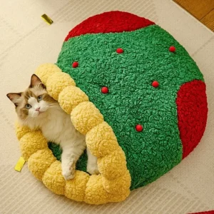 Christmas Tree Cat Bed Winter Warm Pet House Deep Sleep Cat Nest Cave Donut Cat Bed Washable Plush Small Dog Bed Condo