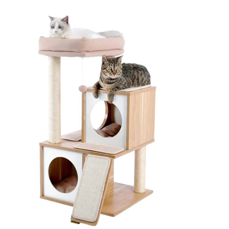 Classic Modern Indoor 4 Level Cat Tree Tower Customizable Large Eco Friendly Wood Scratcher Toy All Seasons Carton