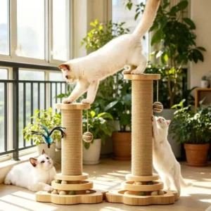 Classic Wooden Cat Tree Scratcher with Eco Friendly Design Interactive Track Ball Multi functional Post for Indoor Cats