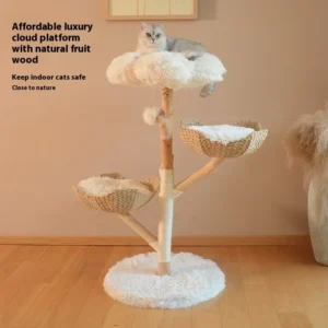 Cloud Shape Cat Scratcher Tree Natural Wood Pole Sisal Wrap Rattan Cat Bed Stable Plush Base Pet Cat Trees Scratcher