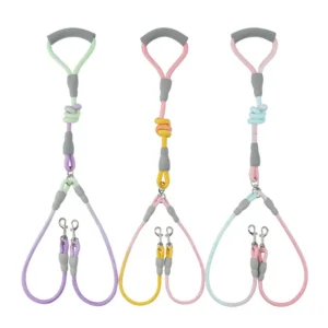 Colorful Gradient Dual Dog Leash Adjustable Nylon Pet Leash with Comfortable Handle for Walking Two Dogs