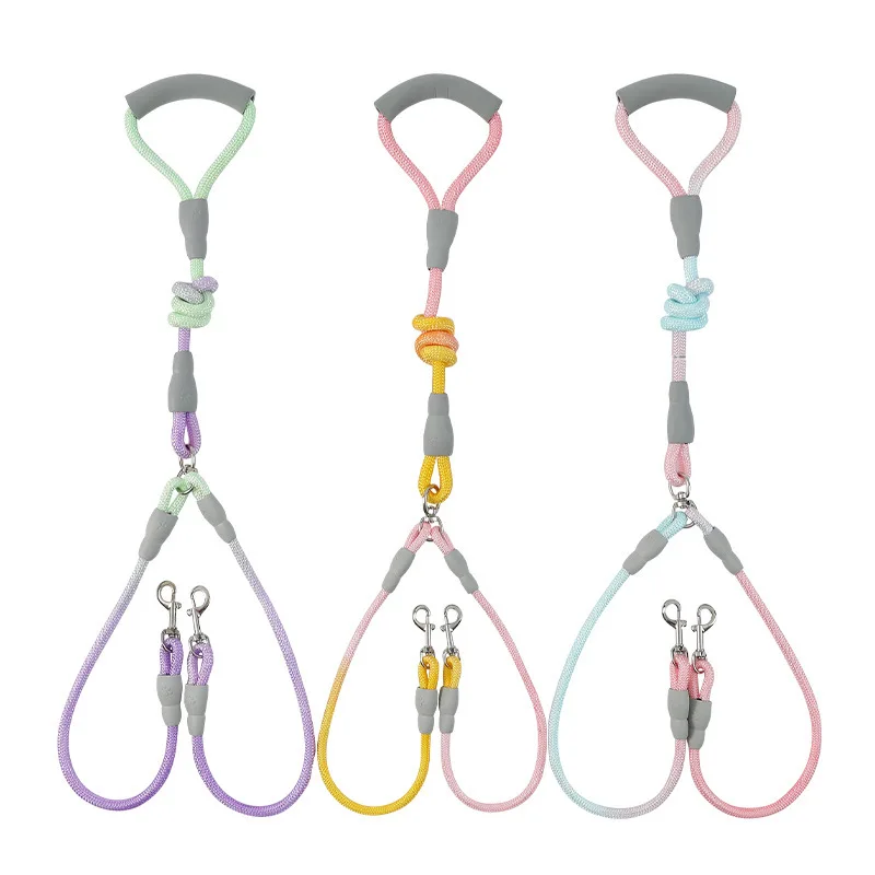 Colorful Gradient Dual Dog Leash Adjustable Nylon Pet Leash with Comfortable Handle for Walking Two Dogs