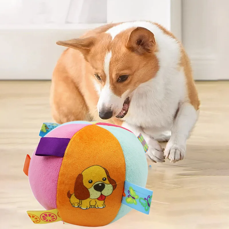Colorful Plush Dog Ball Toy Built in Bell Squeaker Pet Chew Toy Interactive Self Play Grinding Toy for Small Medium Large Dogs