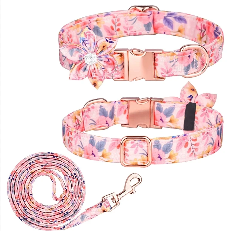 Colorful Printed Cat and Dog Collar with Gold Buckle Polyester Pet Leashes and Collars with Removable Flower Knot