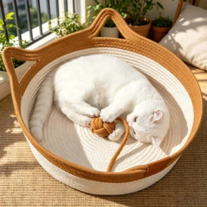 Comfortable Cute Scratch Resistant Bed with Woven Cotton Linen Pet Bed & Accessories Toy for Cat Daily Use