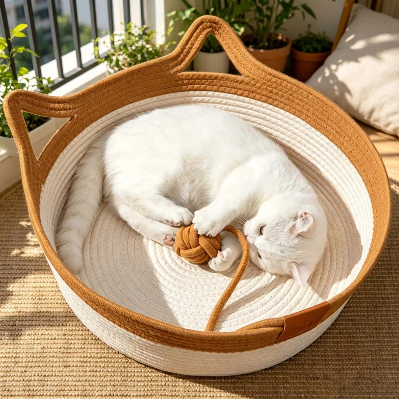 Comfortable Cute Scratch Resistant Bed with Woven Cotton Linen Pet Bed & Accessories Toy for Cat Daily Use