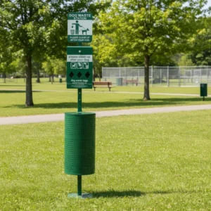 Commercial Eco Friendly Metal Standing Outdoor Dog Waste Disposal Station with Induction Bag Dispenser Trash Can and Lid Design