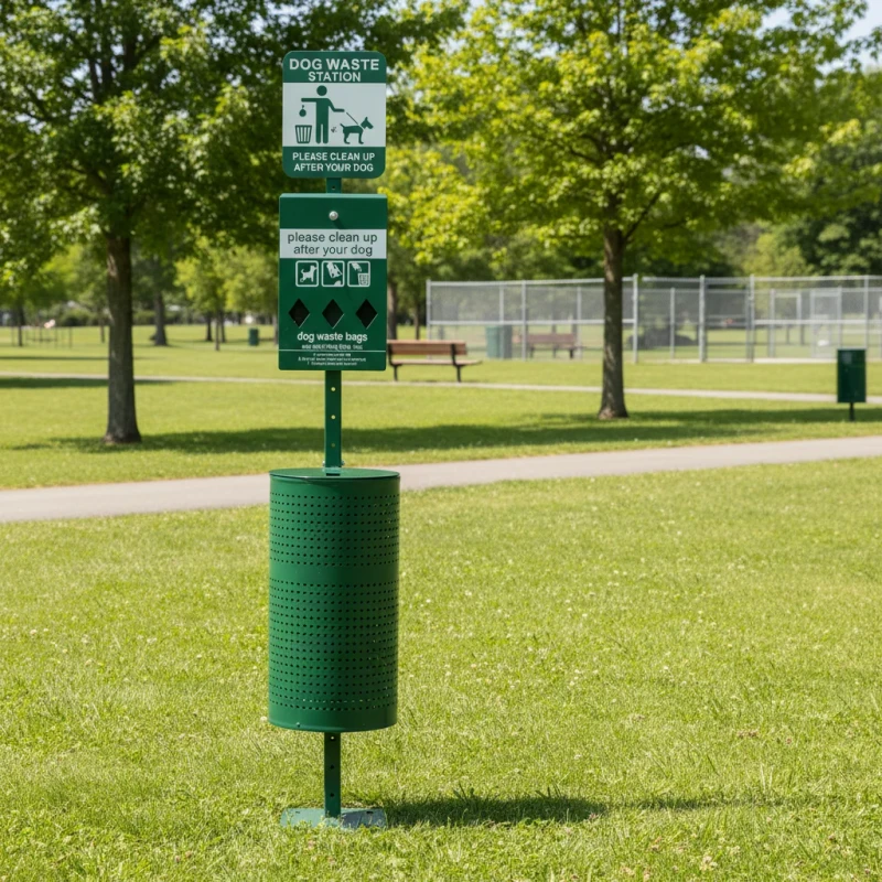 Commercial Eco Friendly Metal Standing Outdoor Dog Waste Disposal Station with Induction Bag Dispenser Trash Can and Lid Design