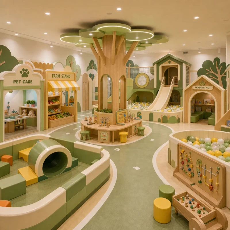 Commercial Indoor Playground Equipment for FEC Startup Role Play City with Grocery Market Street Shops and Counters