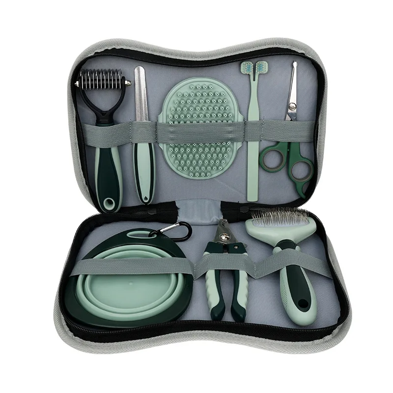 Compact 8 in 1 Portable Pet Grooming Kit Soft Bristle Daily Cleaning Set Hair Removal Needle Comb Bath Brush