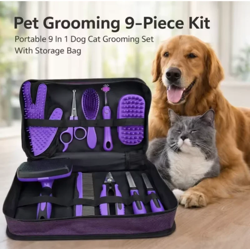Complete Dog Grooming Kit Plastic Comb Brush Nail Trimmer Scissors Gloves Fur Removal Tools Home Pet Care Supplies Set
