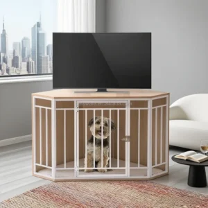Corner Wooden and Metal Dog House Crate Furniture with Large Front Door and Removable Cushion for Small Medium Large Dogs