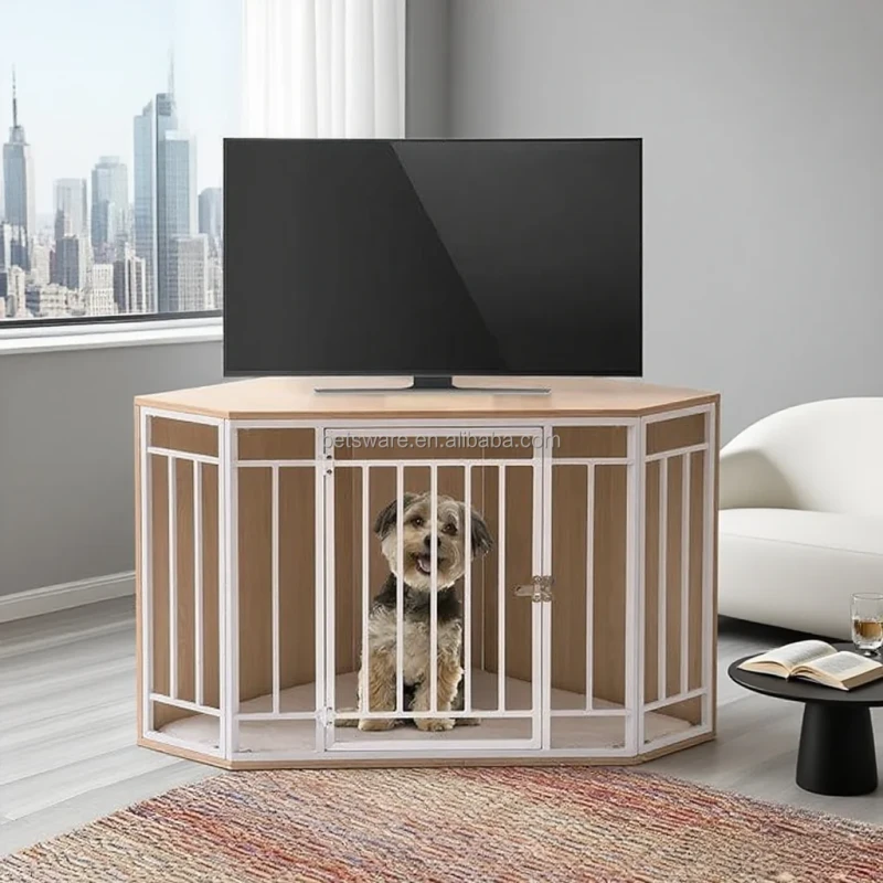 Corner Wooden and Metal Dog House Crate Furniture with Large Front Door and Removable Cushion for Small Medium Large Dogs