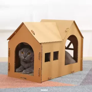Corrugated Cardboard Cat Tree Tower House Scratch Board Toy Waterproof Plastic Roof Pet Furniture for Indoor Use