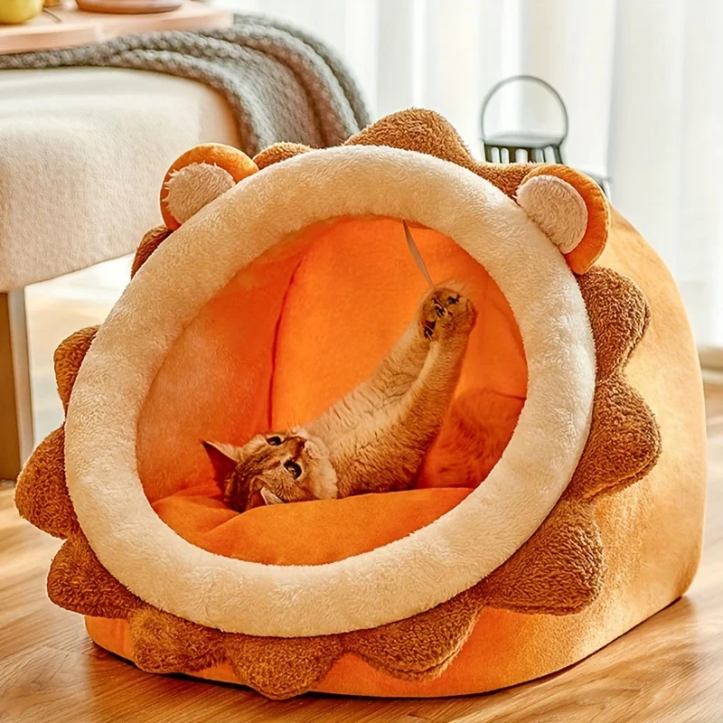 Cozy Semi-Enclosed Lion Cat Bed Plush Pet Sofa Kennel House for Indoor Cats and Dogs Comfortable Dog and Cat Bed