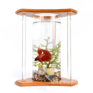 Creative Bamboo and Wood Ecological Fish Tank Desktop Mini Aquariums Glass White 500ml